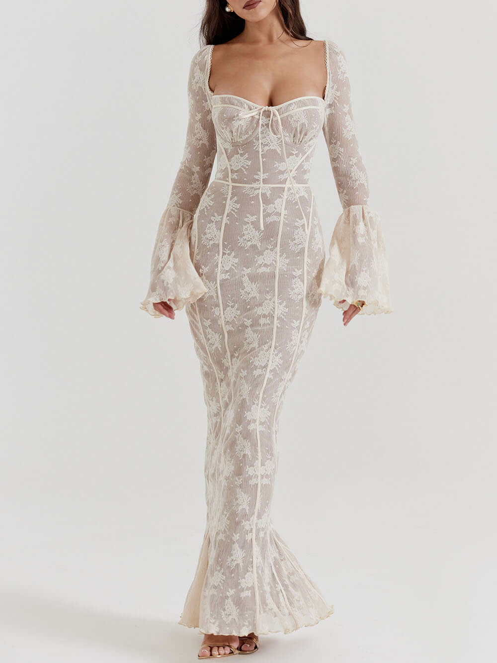 Vintage Krem Dantelli Maxi Elbise