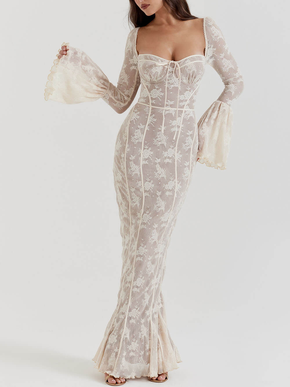 Vintage Krem Dantelli Maxi Elbise