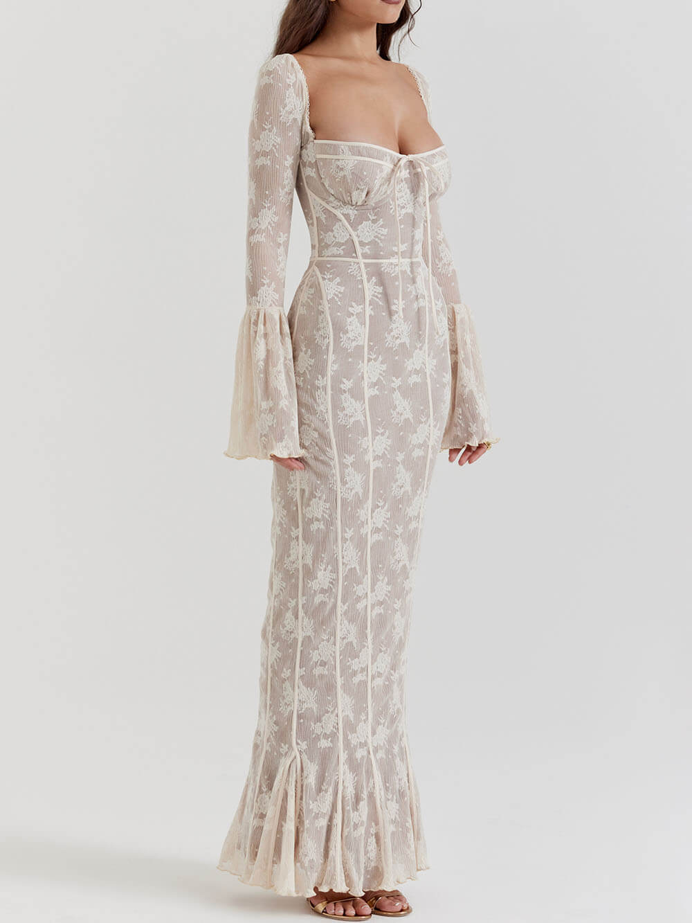 Vintage Krem Dantelli Maxi Elbise