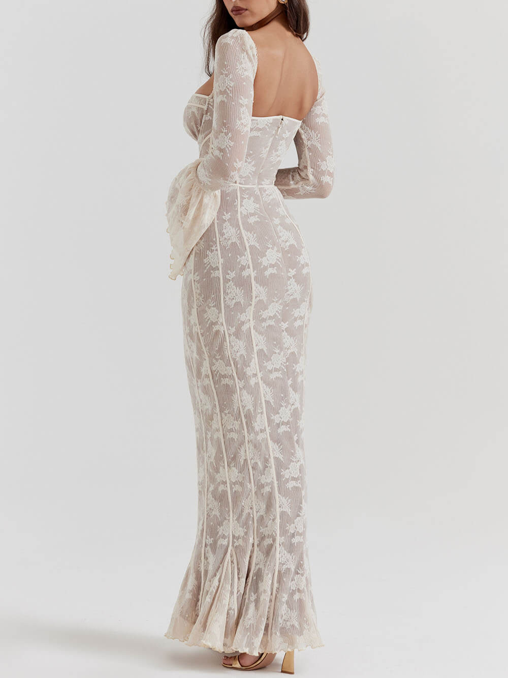 Vintage Krem Dantelli Maxi Elbise