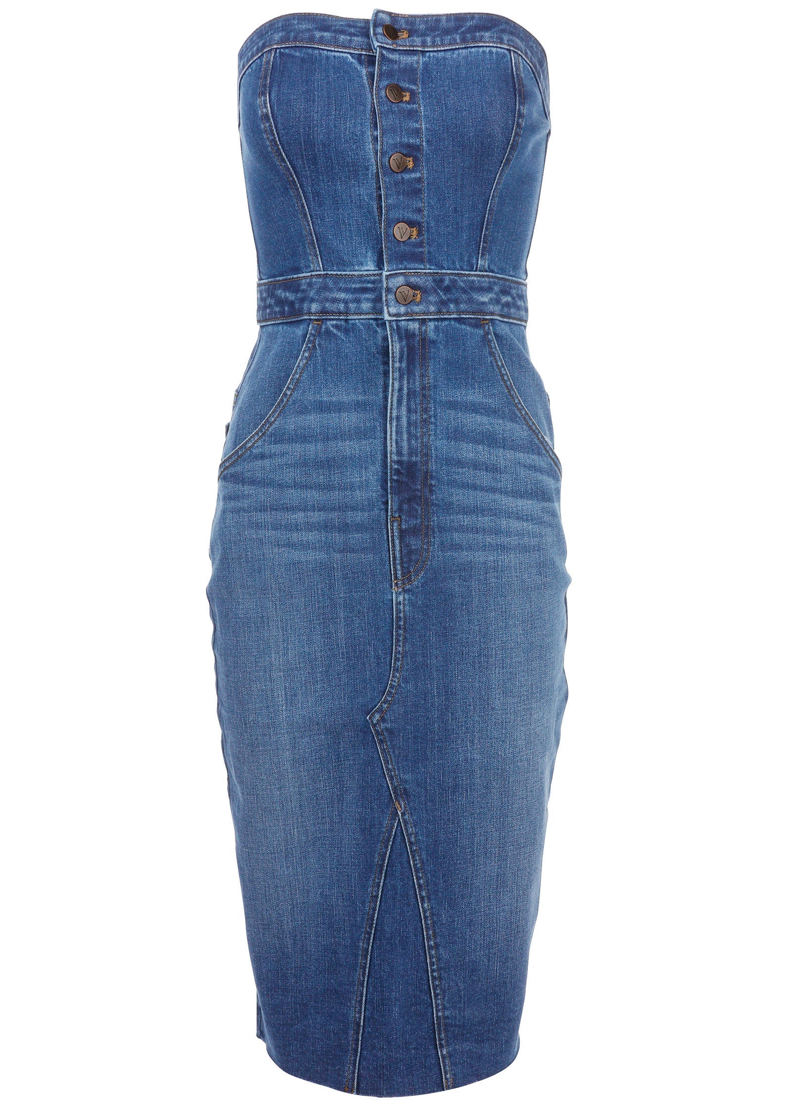 Denim Strapless Midi Elbise