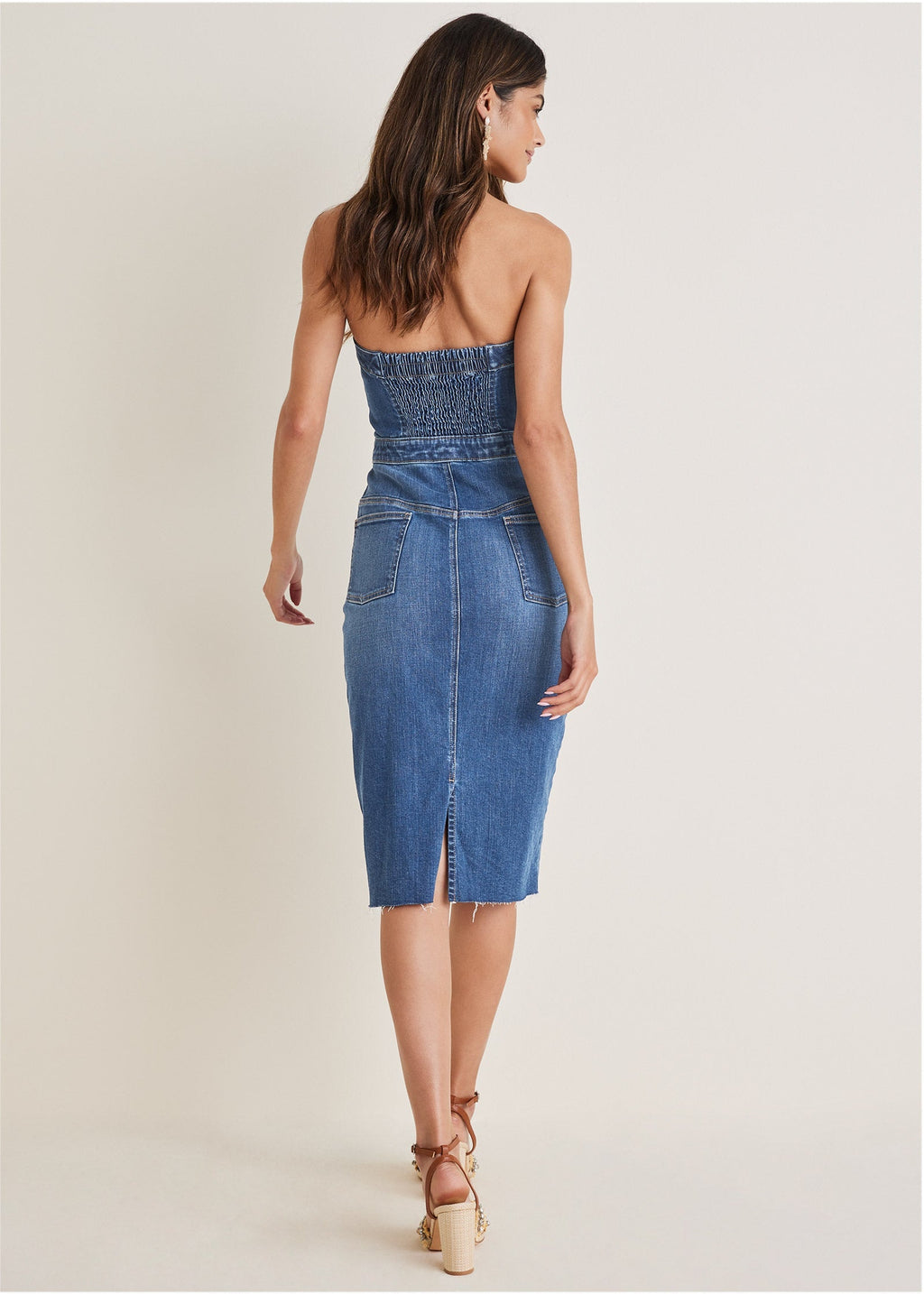 Denim Strapless Midi Elbise