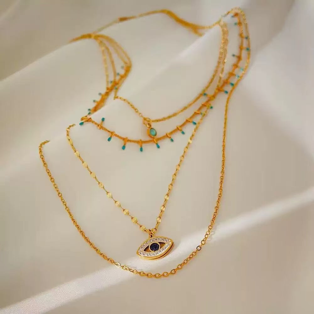 Çok Katmanlı Rhinestone Nazar Boncuğu Kolye