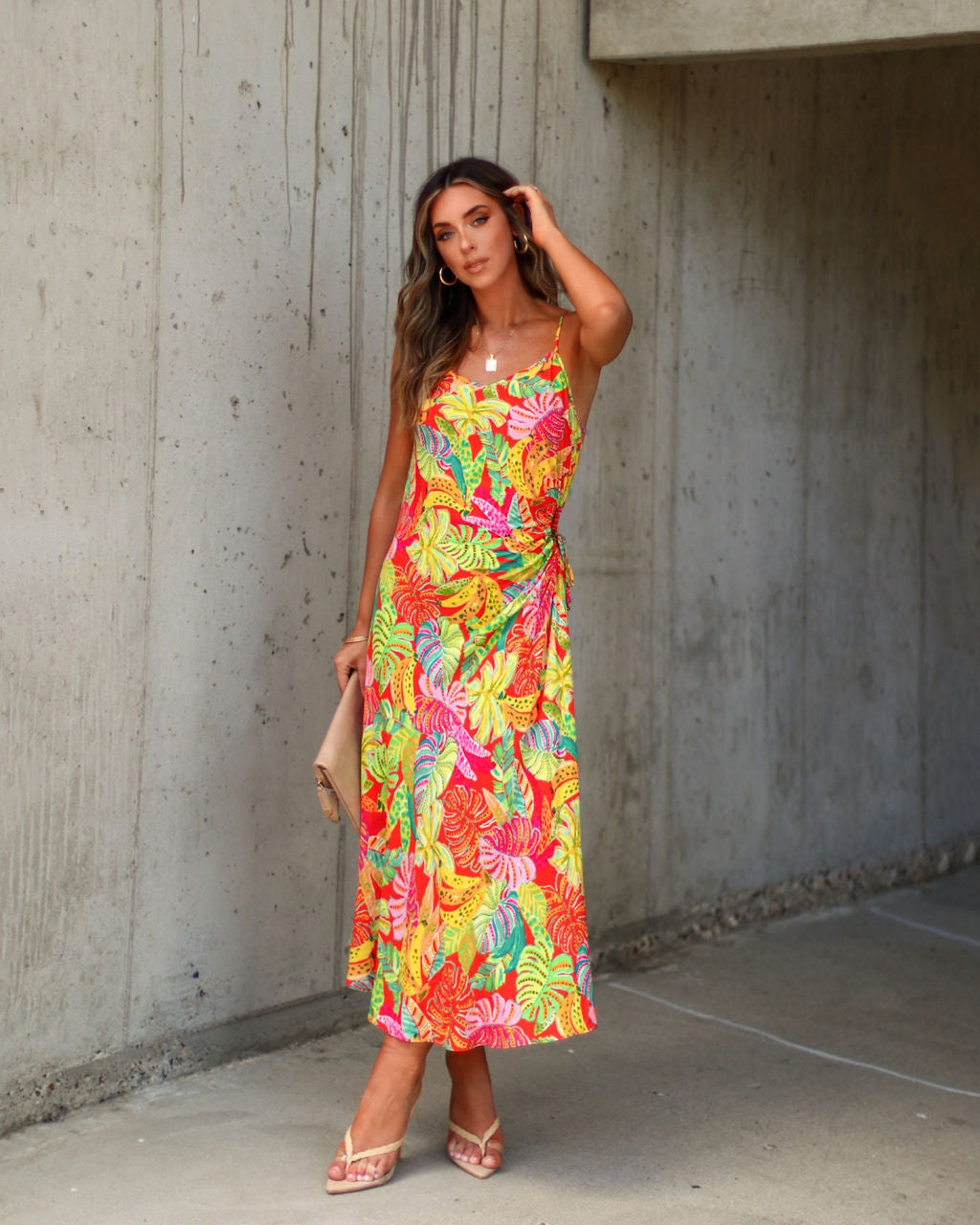 Eliana Cut Tropikal Slip Midi Elbise