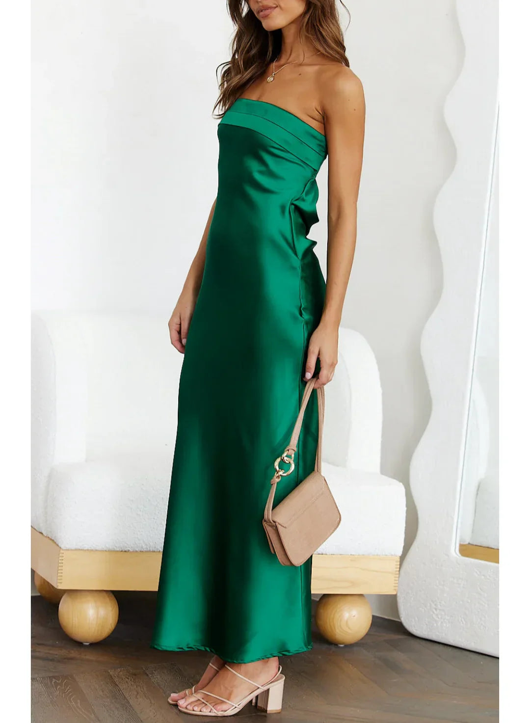 Saten Straplez Midi Elbise