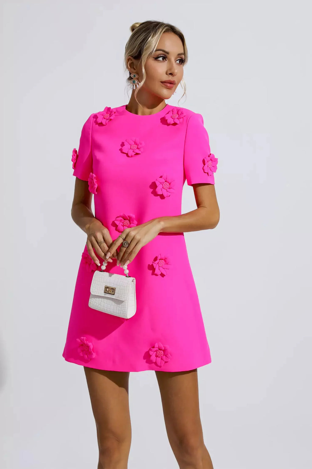 Alison Pembe Jakarlı Çiçekli Mini Elbise (Run Small)