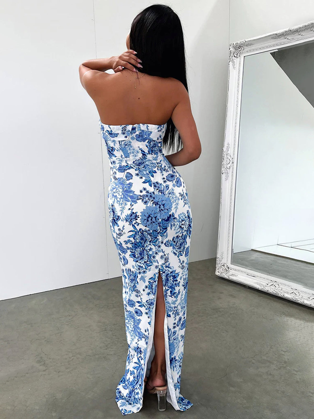 Floral Esintili Uzun Yırtmaçlı Elbise