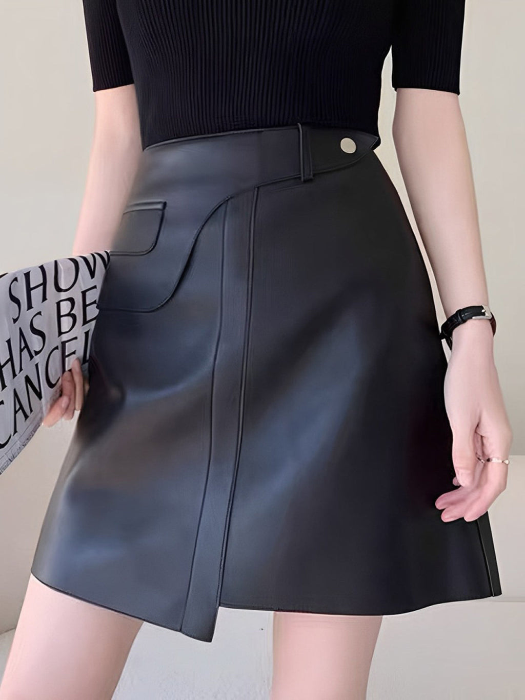 Asymmetrical Mini Suni Deri Etek