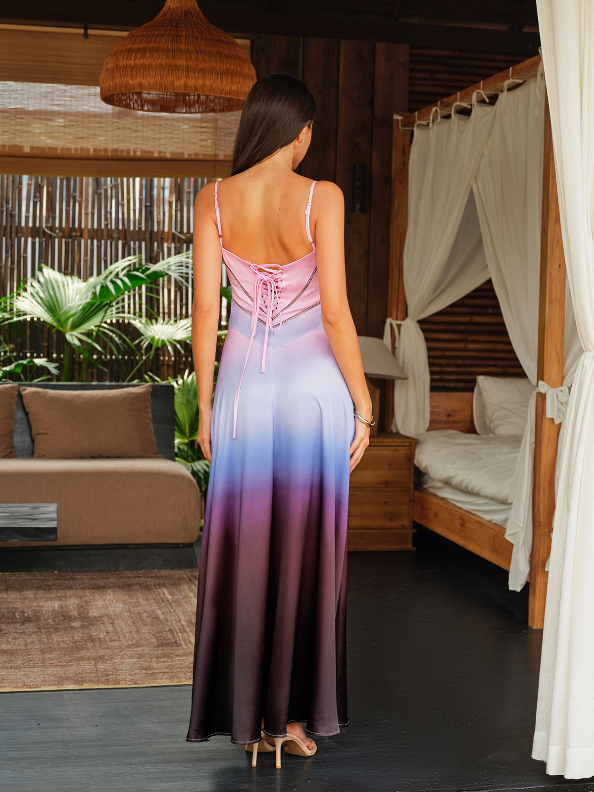 Bağcıklı Sırtlı Spagetti Askılı Tie-Dye Gradient Saten Uzun Elbise