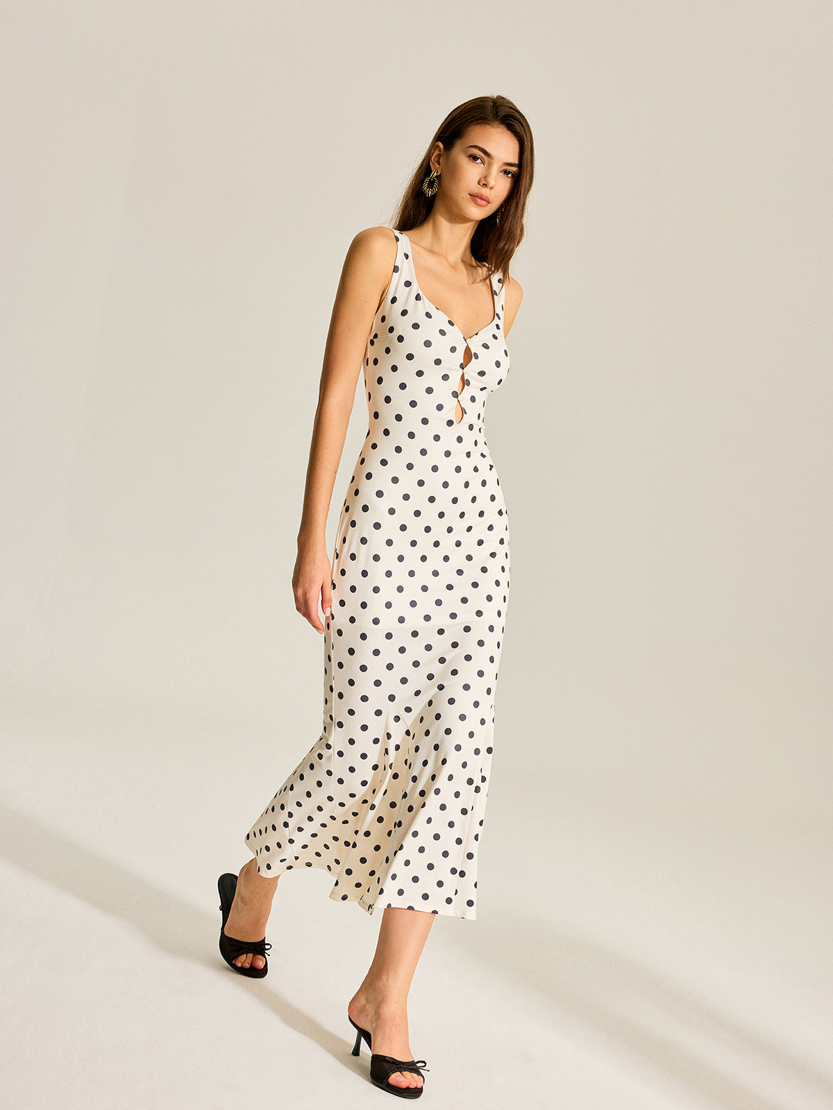 Dantelli Polka Dot Uzun Elbise