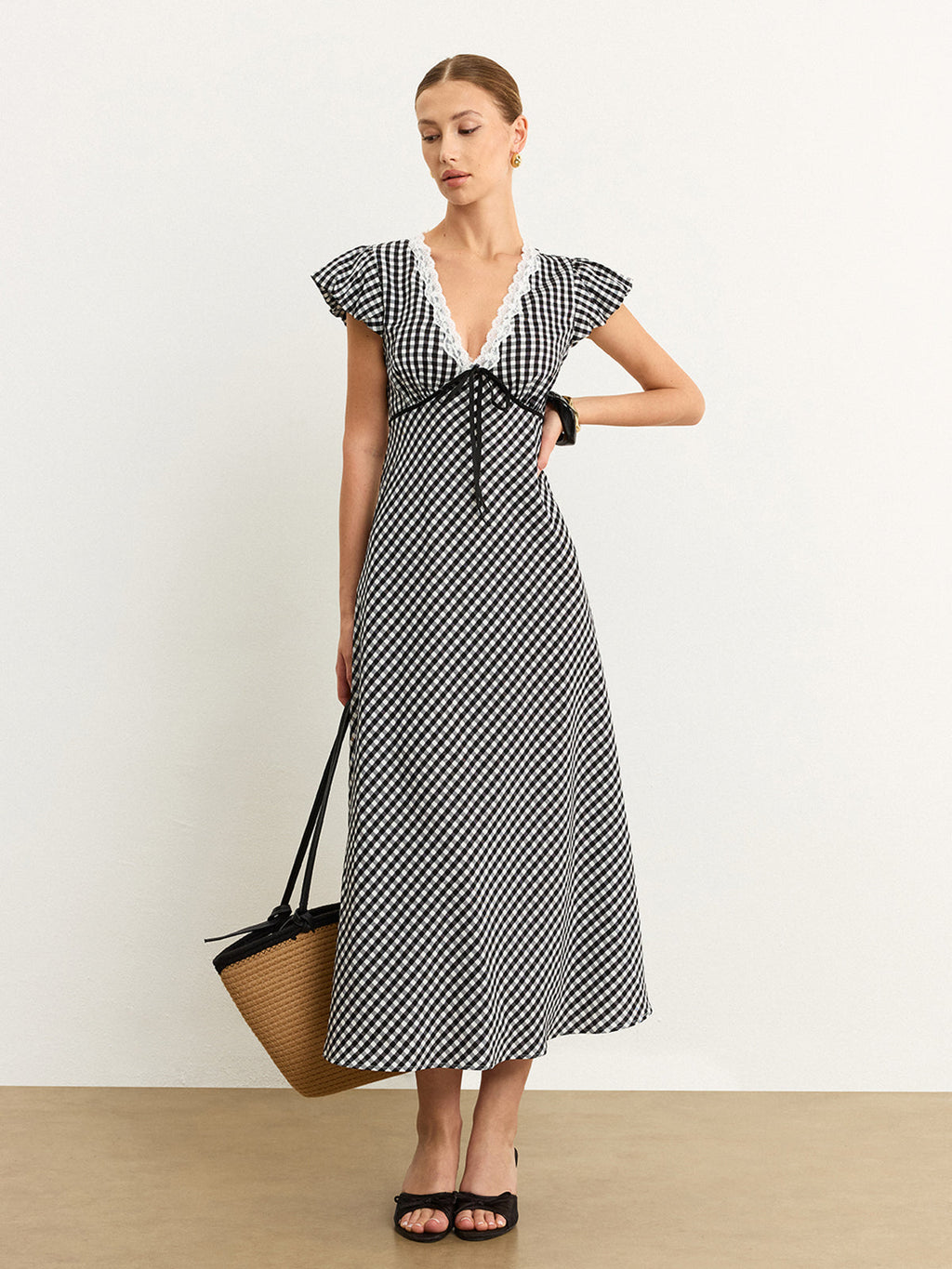 Gingham Dantel Kenarlı Uçuşan Kollu Midi Elbise