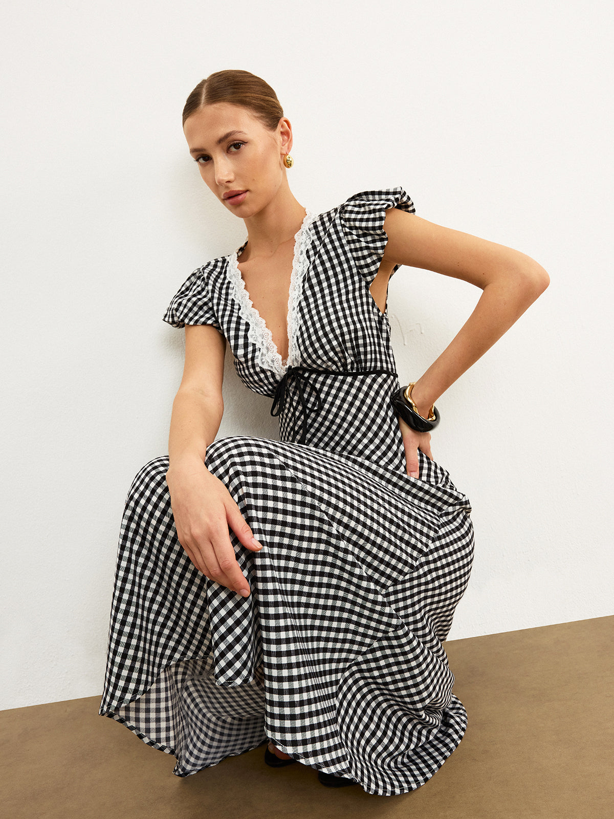 Gingham Dantel Kenarlı Uçuşan Kollu Midi Elbise