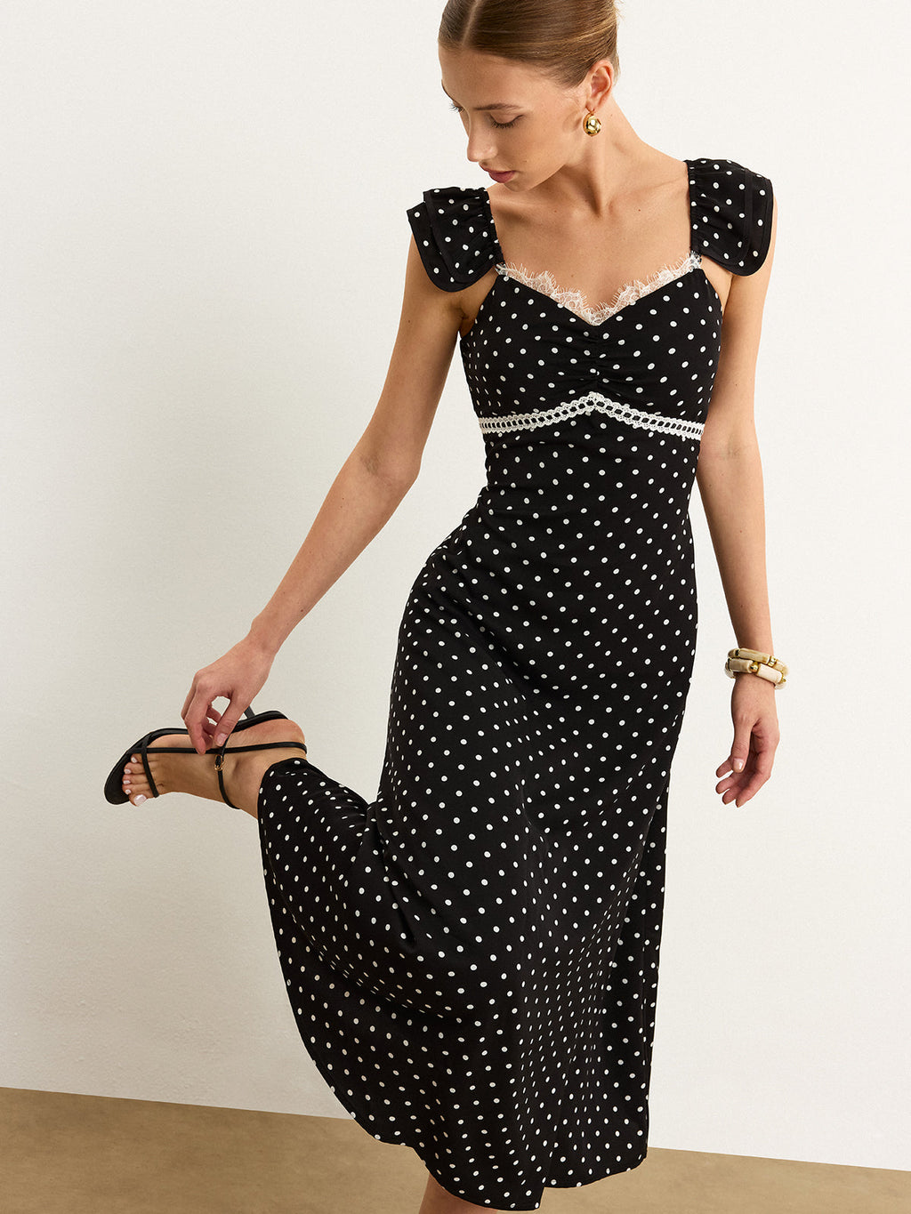 Polka Dot Dantel Kenarlı Midi Elbise