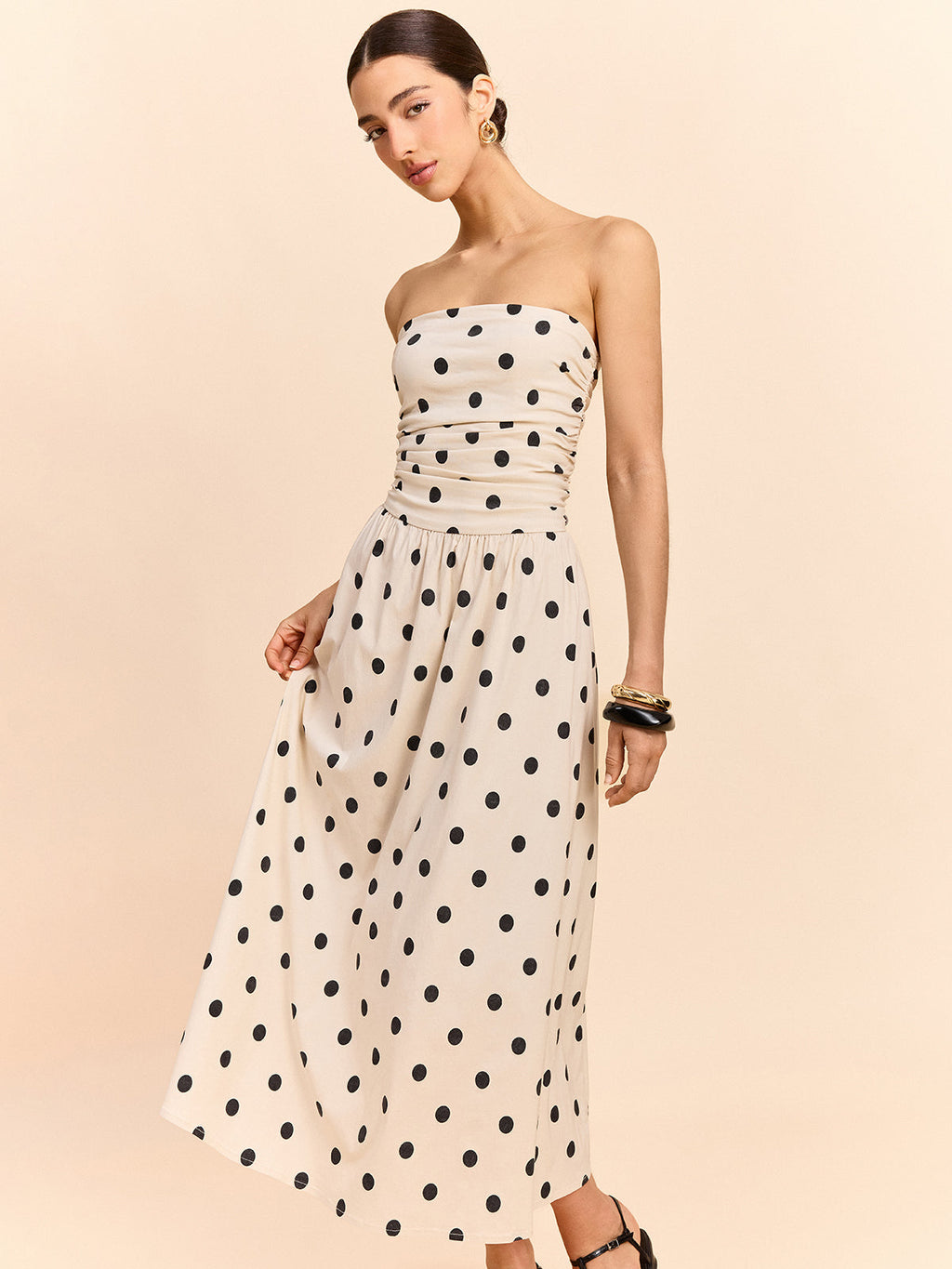 Straplez Polka Dot Kıvrımlı Midi Elbise