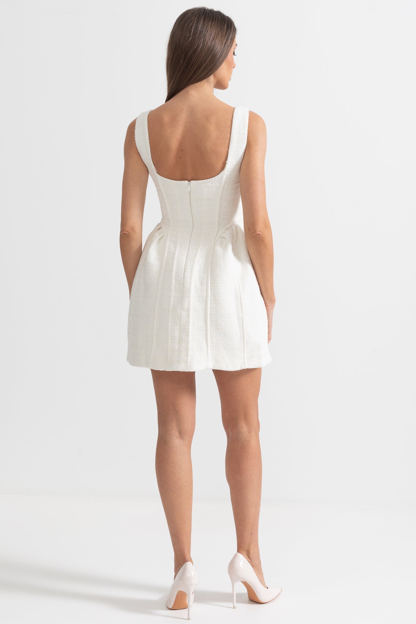 Fitted Bodice ile Dokulu Kolsuz Mini Elbise