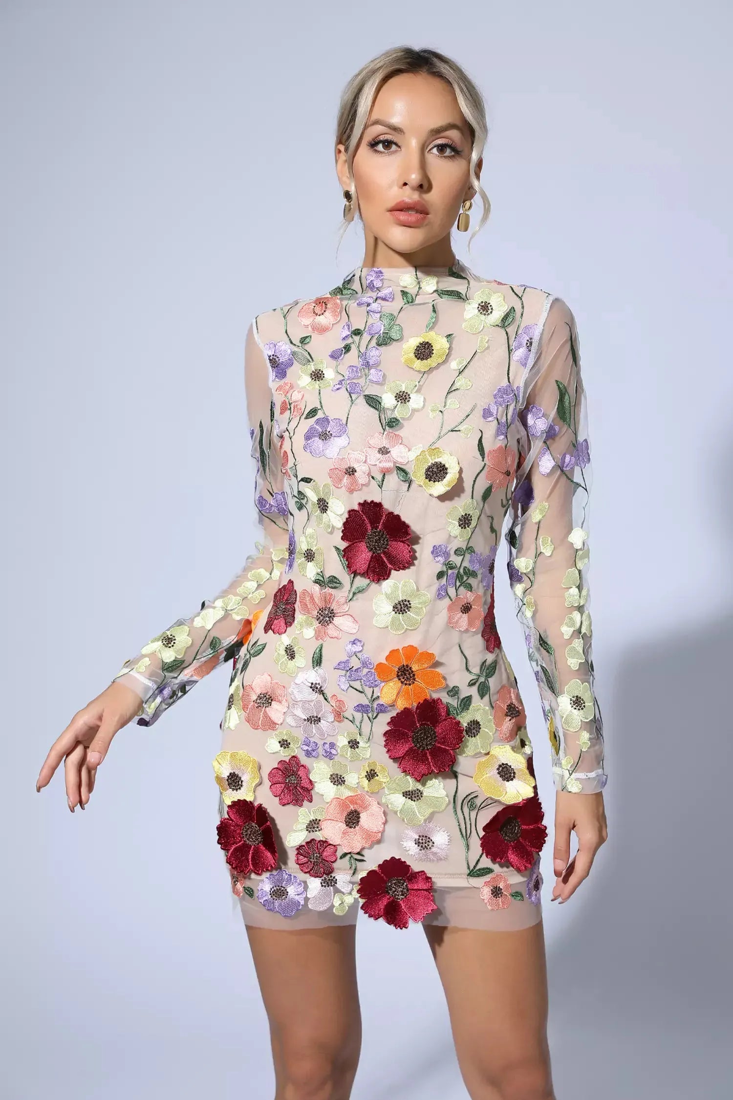 Danna Flesh Beyaz Çiçek Nakışlı Mini Elbise