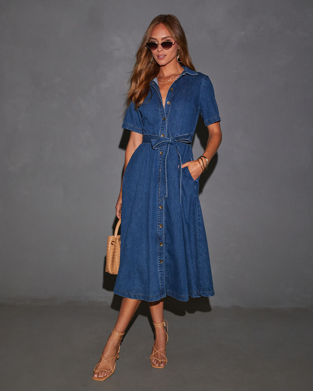 Caddy Denim Beli Bağlamalı Midi Elbise