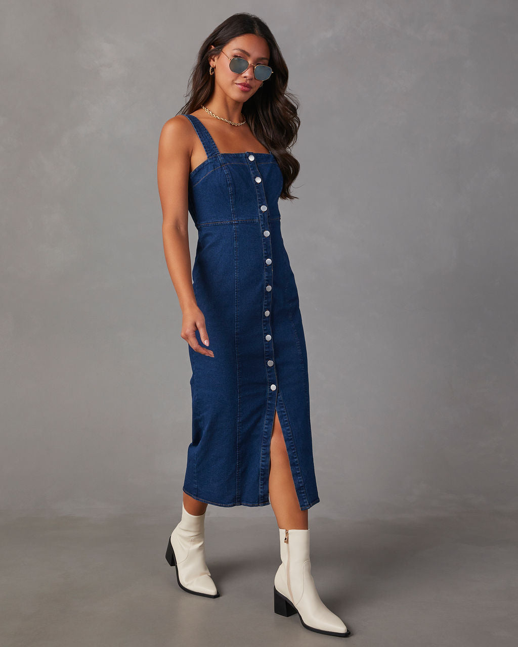 Camden Denim Önü Düğmeli Midi Elbise