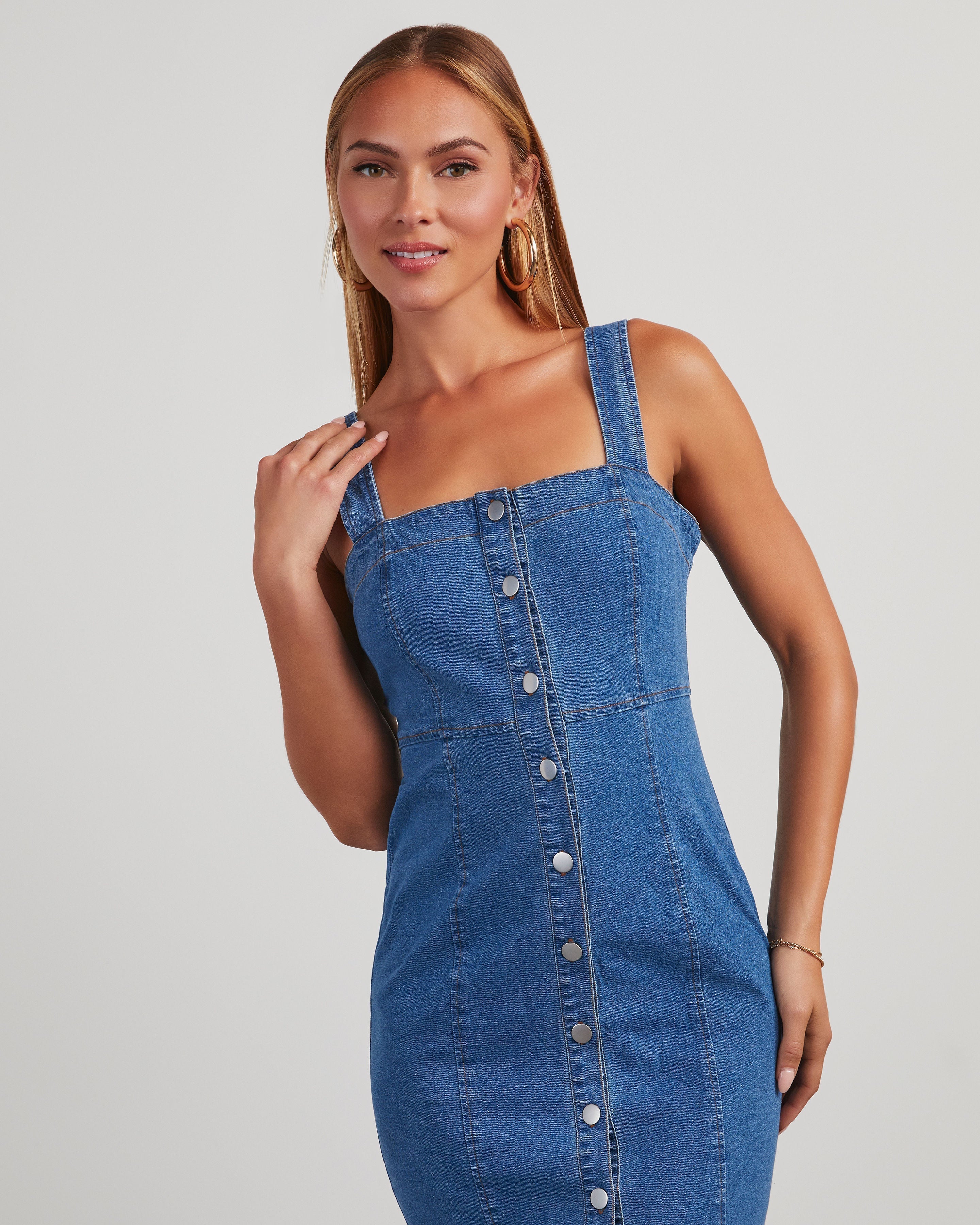 Camden Denim Önü Düğmeli Midi Elbise