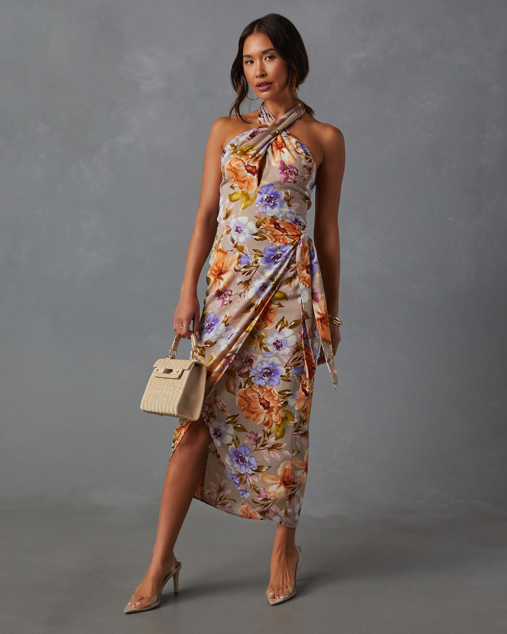 Floral Beauty Büküm Önü Boyundan Bağlamalı Midi Elbise