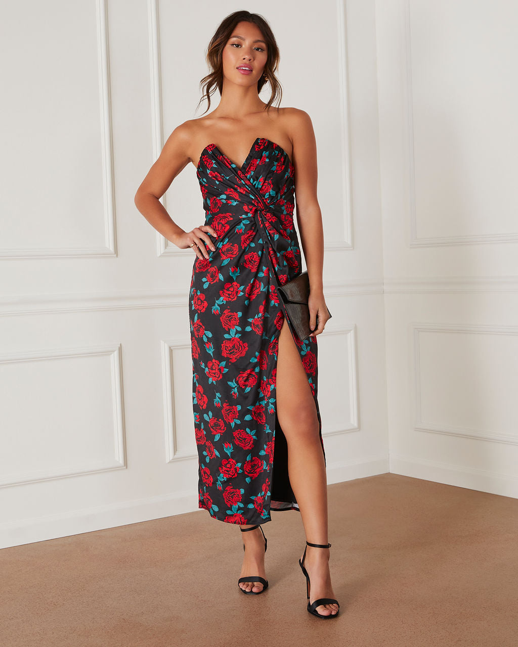 Lovestruck Saten Straplez Çiçekli Midi Elbise