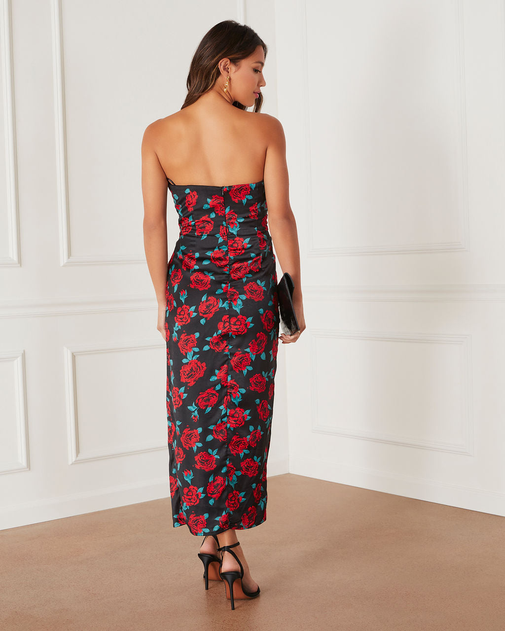 Lovestruck Saten Straplez Çiçekli Midi Elbise