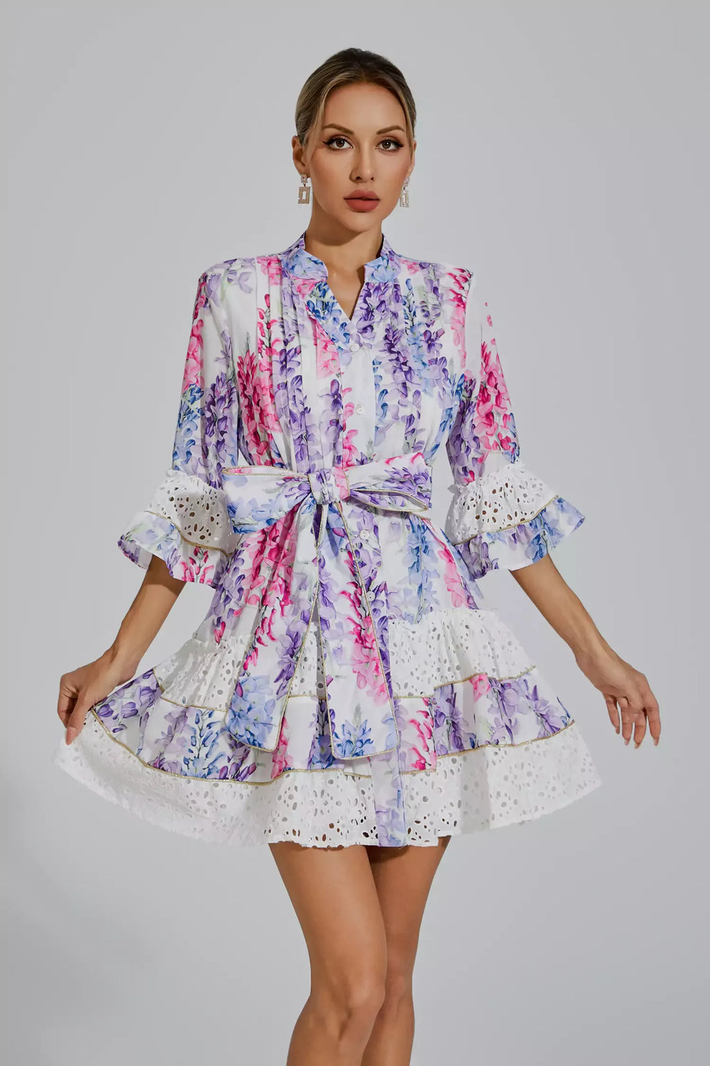 Kimora Çiçekli Kuşaklı Mini Elbise