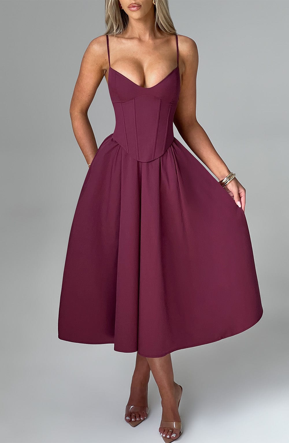 Crimson Bloom Midi Elbise