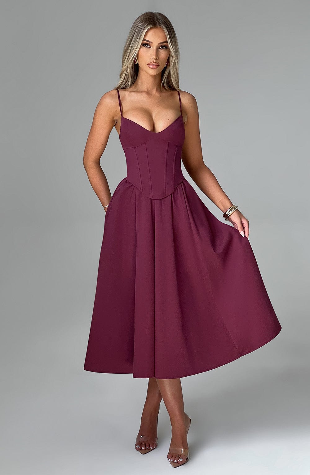 Crimson Bloom Midi Elbise