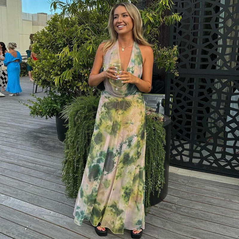 Amélie Sırtı Açık Halter Maxi Elbise