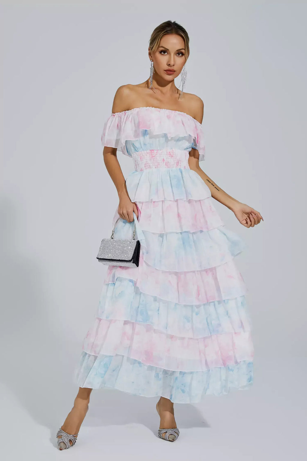 Paola Mavi Pembe Renkli Dantelli Maxi Elbise