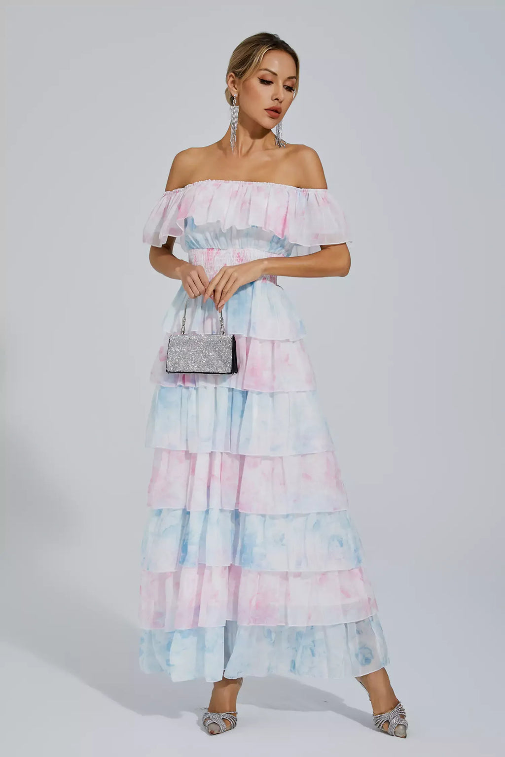 Paola Mavi Pembe Renkli Dantelli Maxi Elbise