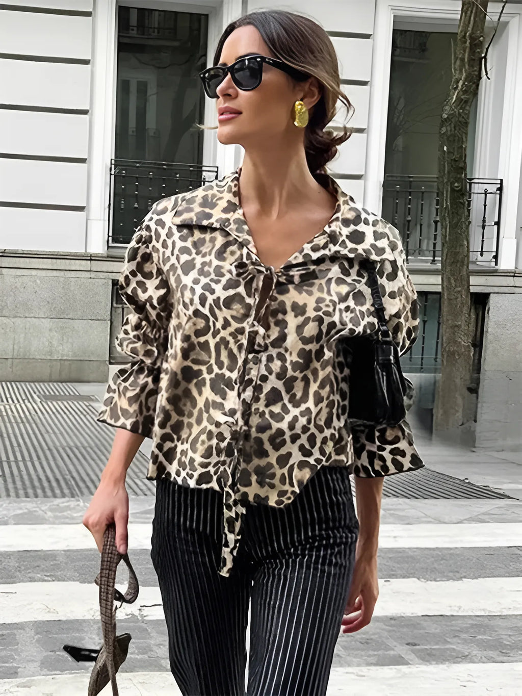 Leopar Desenli Bağlamalı Gömlek