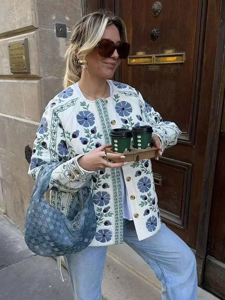 Blau Floral Patchwork Ceket