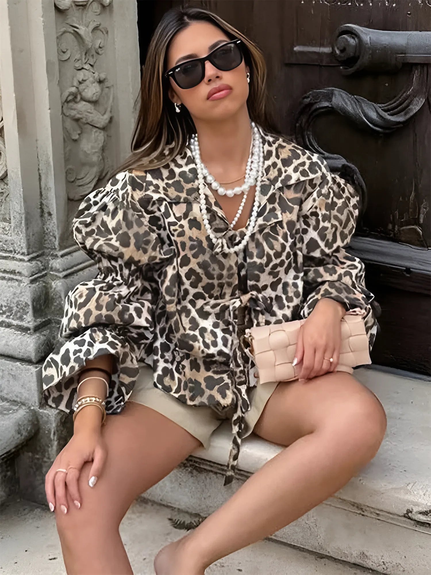Leopar Desenli Bağlamalı Gömlek