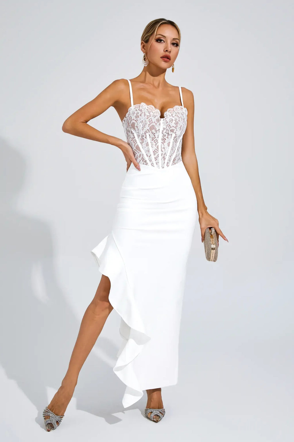 Swift Beyaz Yırtmaçlı Bandaj Slip Maxi Elbise