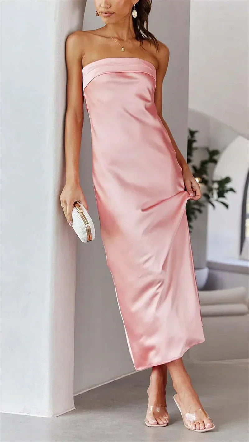 Saten Straplez Midi Elbise