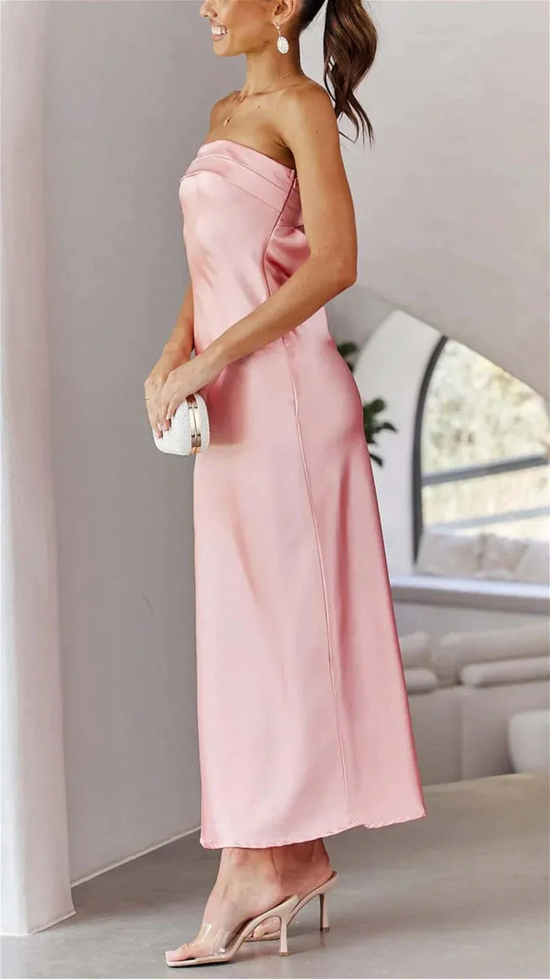 Saten Straplez Midi Elbise