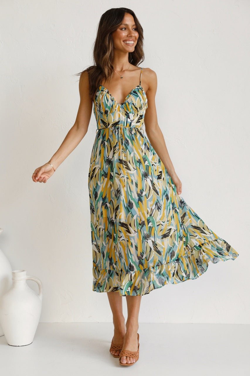 Adela Baskılı Fırfırlı Midi Sundress