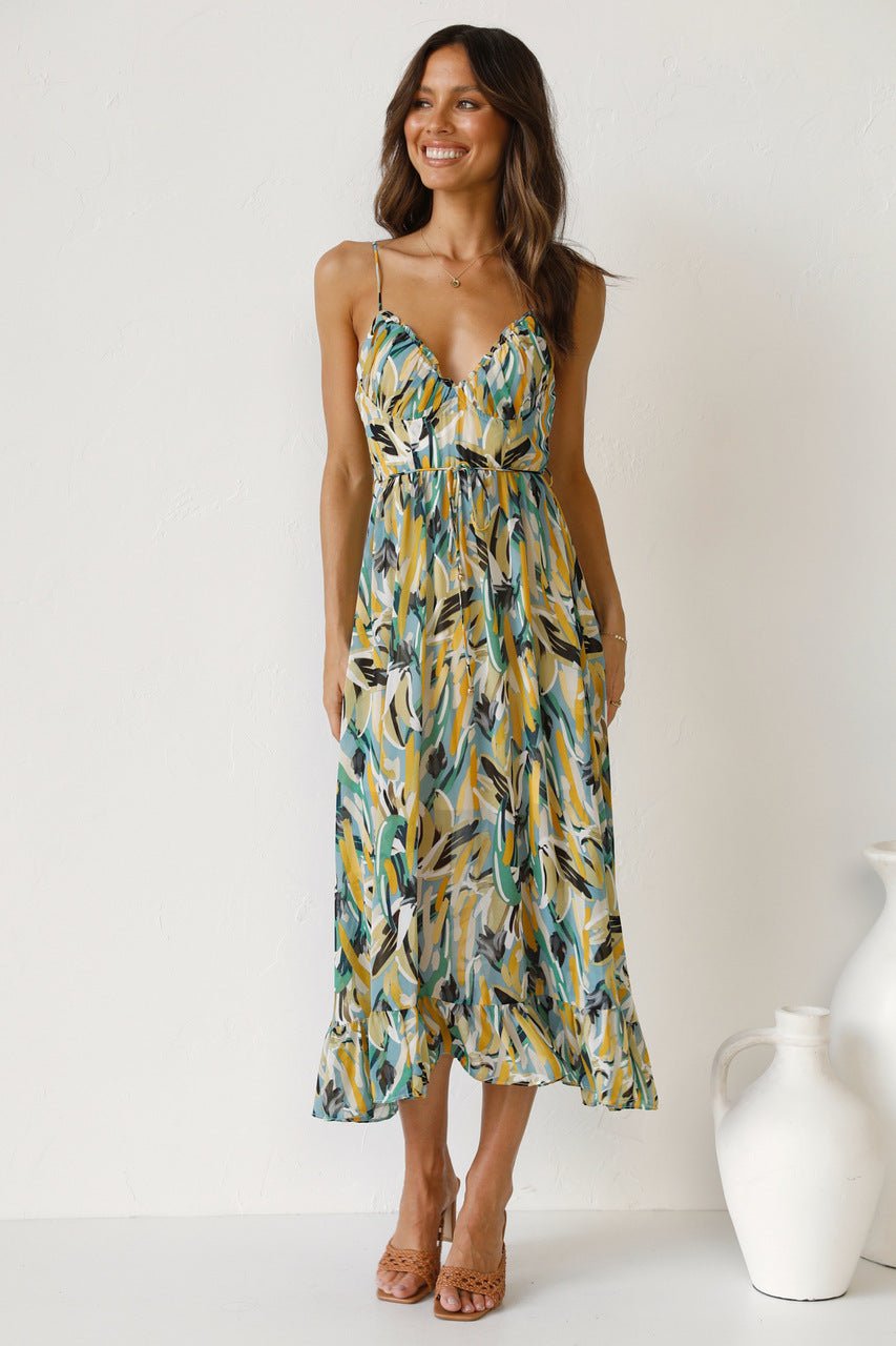 Adela Baskılı Fırfırlı Midi Sundress