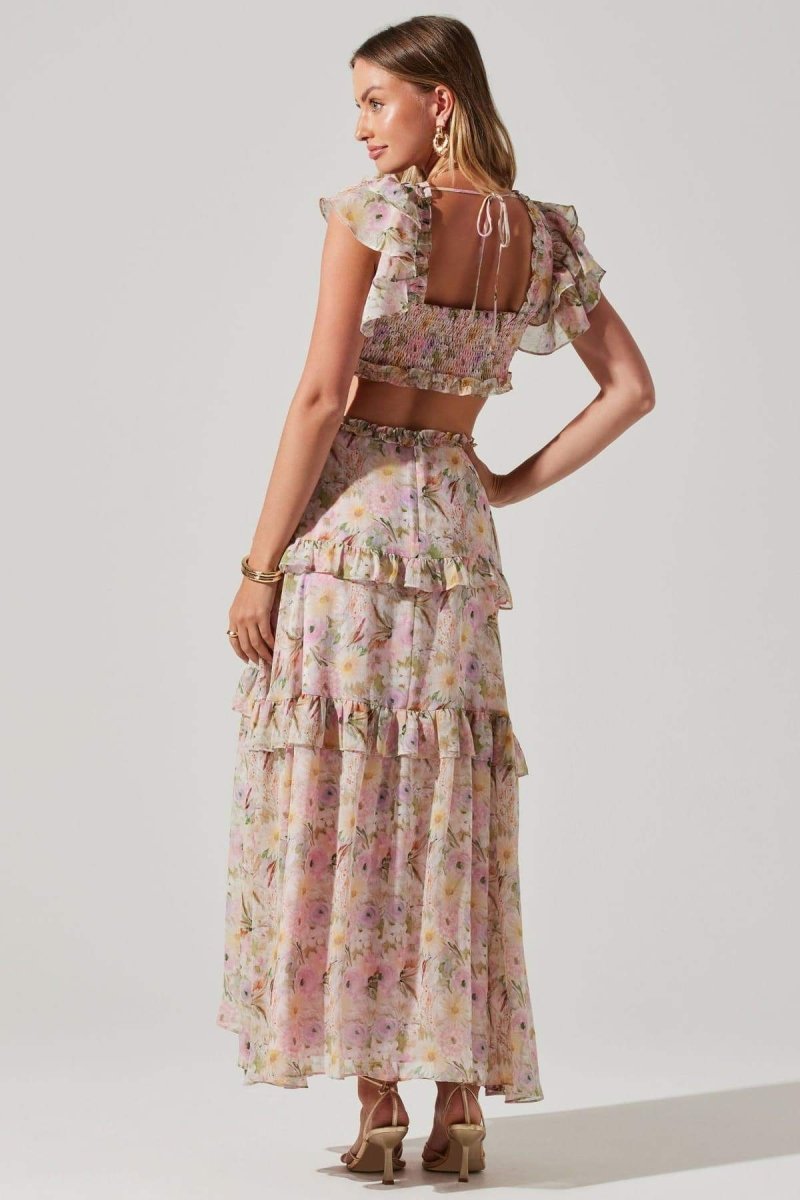 Agatha Baskılı Fırfırlı Cut-Out Midi Elbise