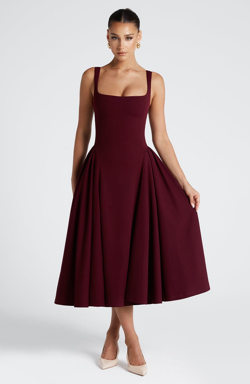 Cherry Kare Yaka & Korsajlı Bordo Midi Elbise