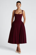 Cherry Kare Yaka & Korsajlı Bordo Midi Elbise