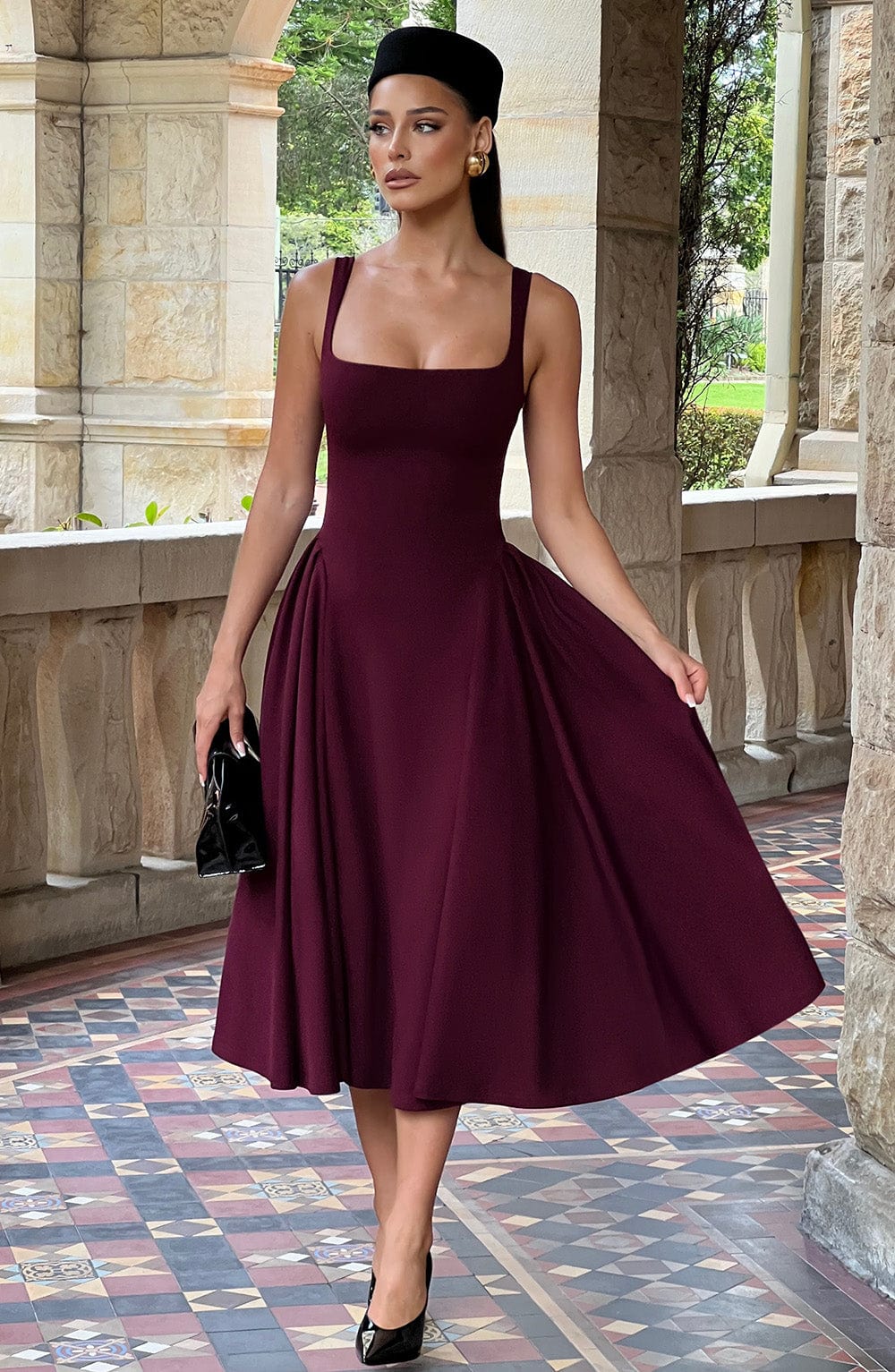 Cherry Kare Yaka & Korsajlı Bordo Midi Elbise