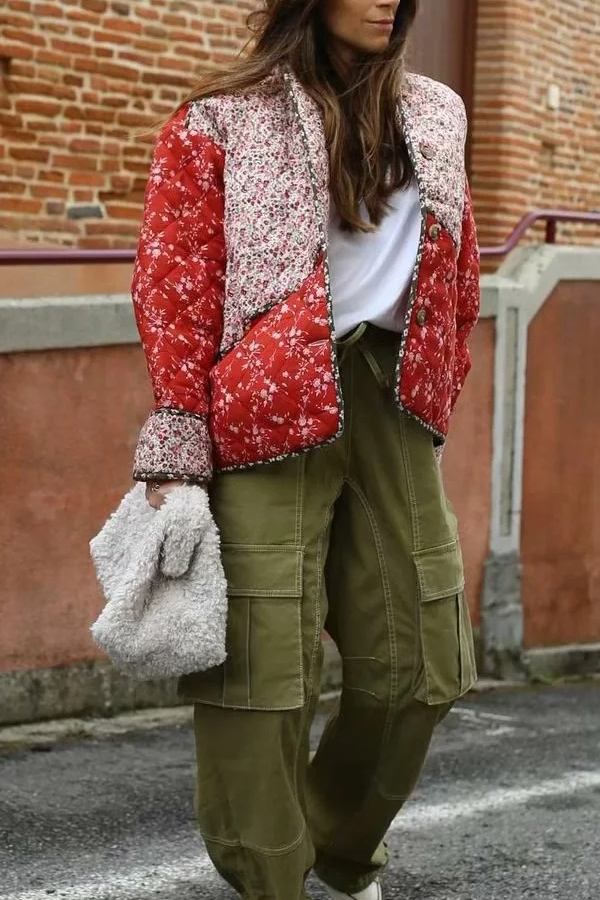 Floral Kontrast Dikişli Ceket