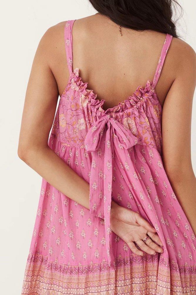 Damla Baskılı Büzgülü Boyundan Bağlamalı Slip Maxi Elbise