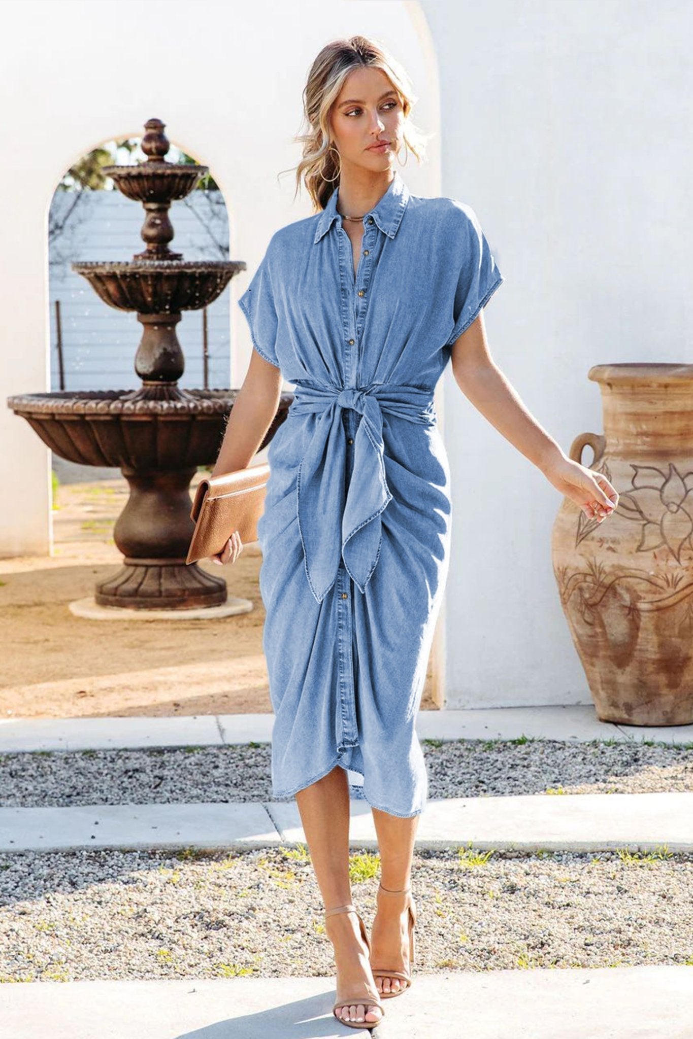 Gina Büzgülü Düğümlü Denim Midi Gömlek Elbise