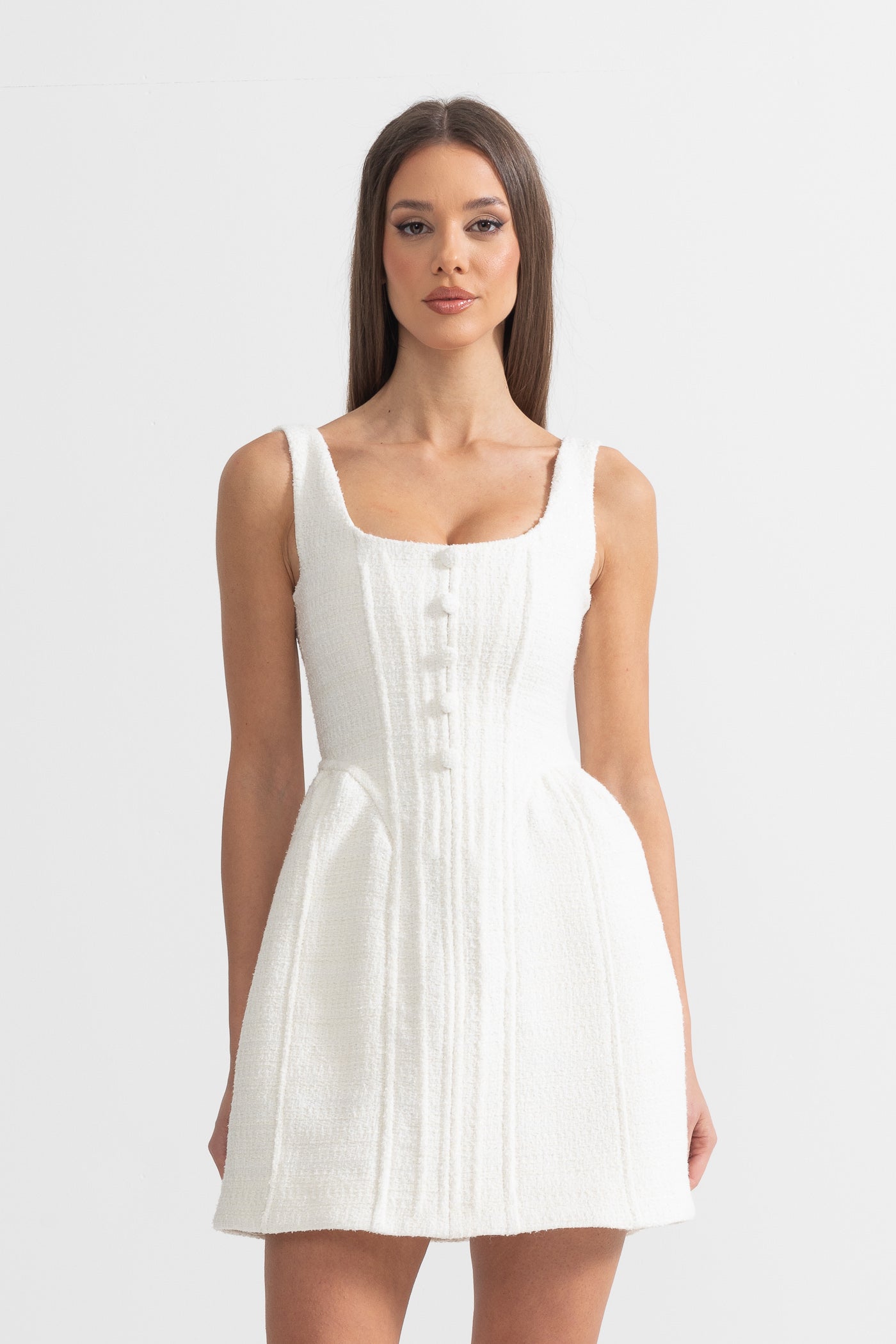 Fitted Bodice ile Dokulu Kolsuz Mini Elbise