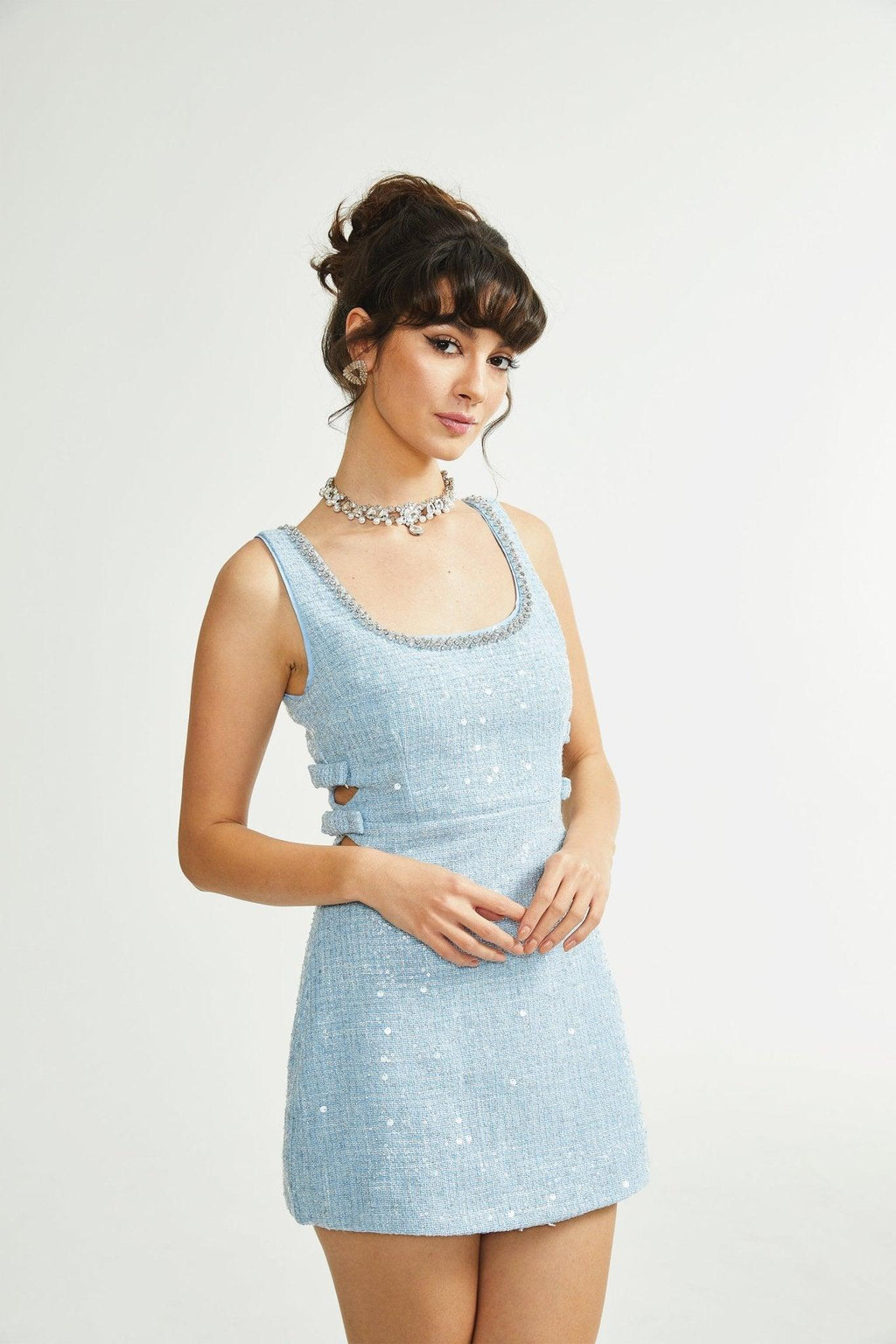 "Manon Charm" Açık Mavi Işıltılı Tweed Mini Elbise