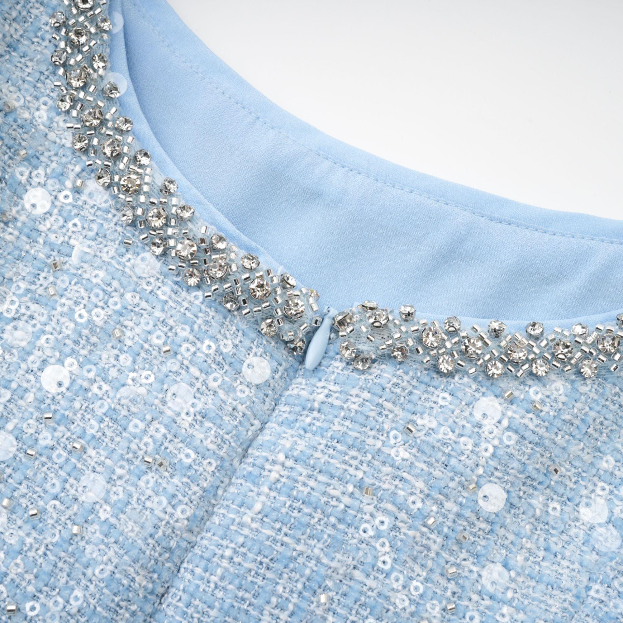 "Manon Charm" Açık Mavi Işıltılı Tweed Mini Elbise